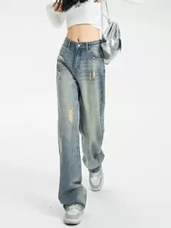 韓国スタイル ヴィンテージ風ワイドデニムパンツ