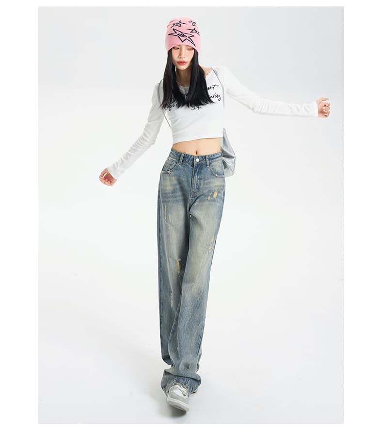 韓国スタイル ヴィンテージ風ワイドデニムパンツ