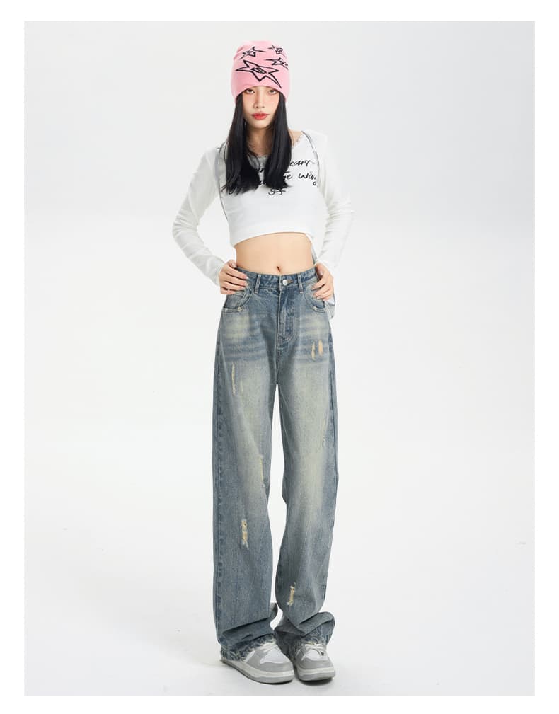 韓国スタイル ヴィンテージ風ワイドデニムパンツ