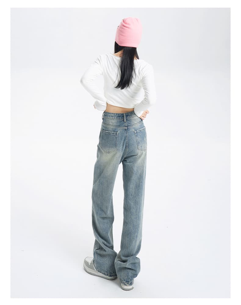 韓国スタイル ヴィンテージ風ワイドデニムパンツ