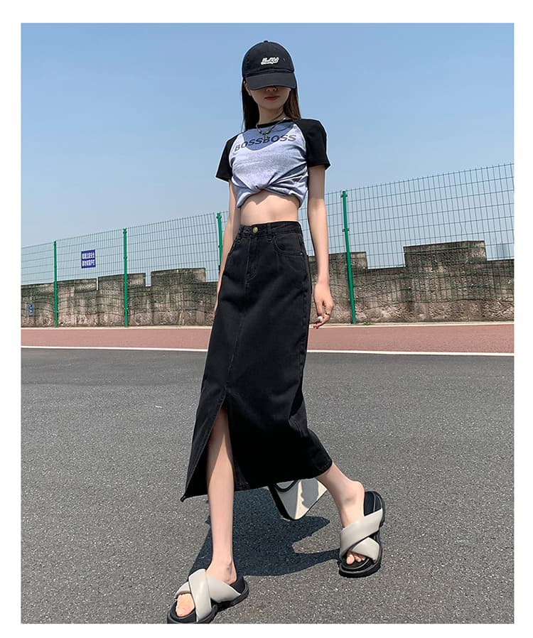 カジュアルスタイル ハイウエストデニムロングタイトスカート