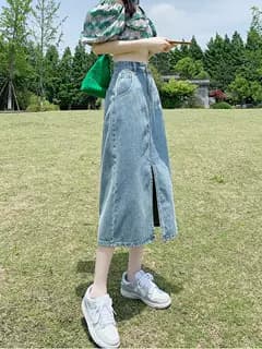 韓国スタイル ヴィンテージ風デニムロングタイトスカート