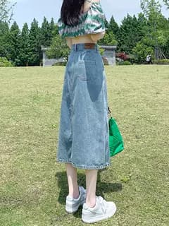 韓国スタイル ヴィンテージ風デニムロングタイトスカート