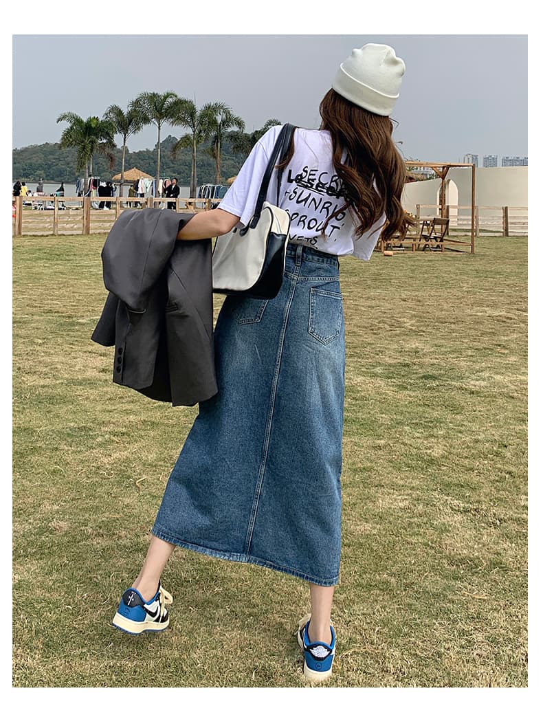 韓国スタイル フロントスリット ロングデニムスカート