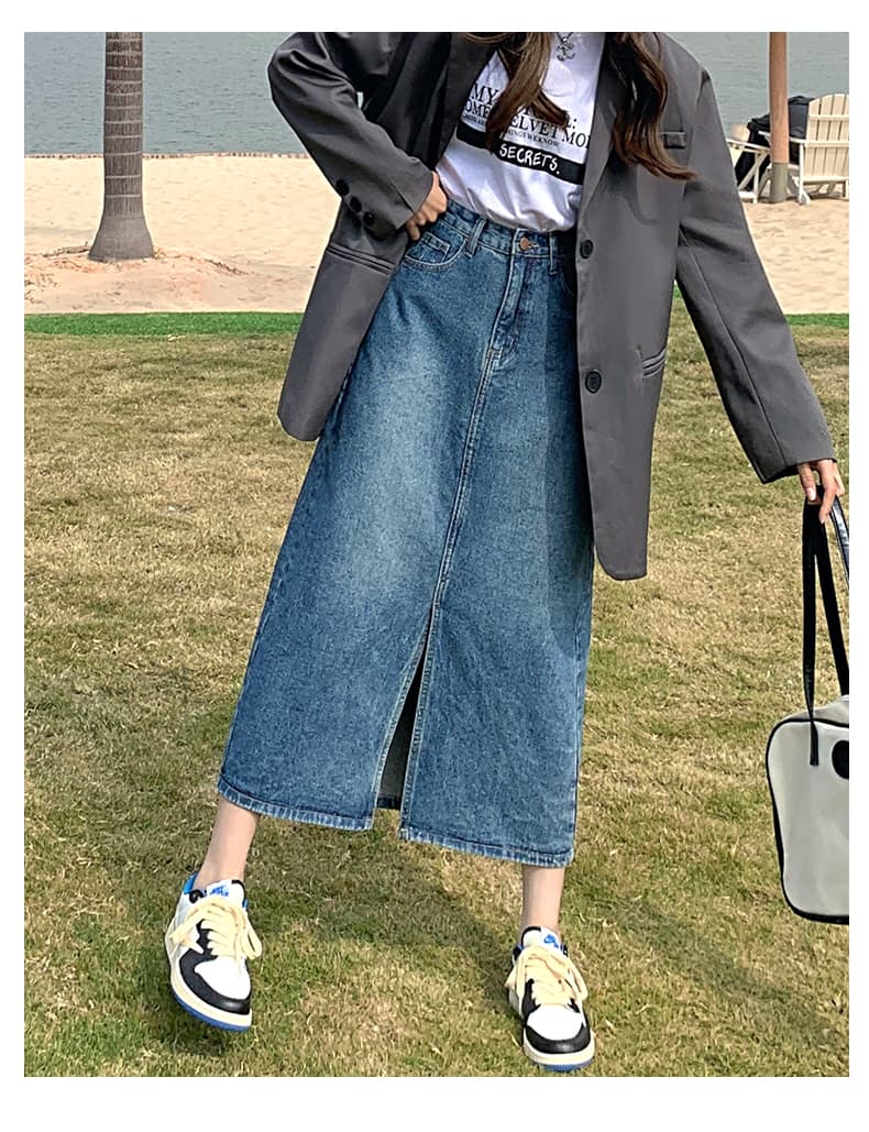 韓国スタイル フロントスリット ロングデニムスカート