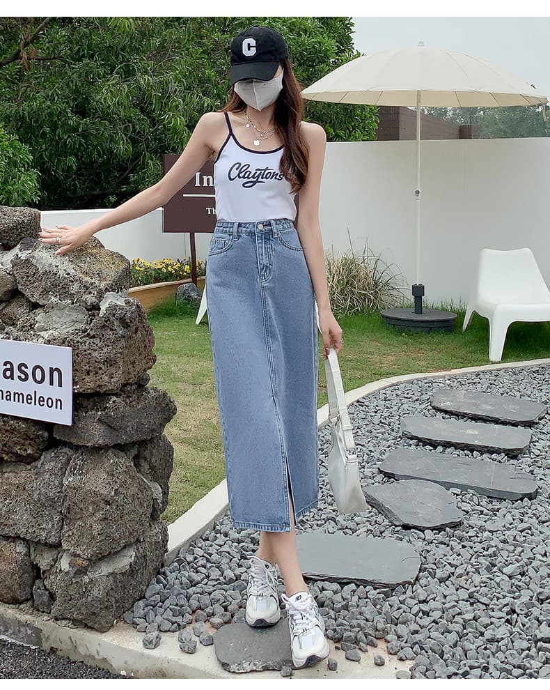 韓国スタイル フロントスリット ロングデニムスカート