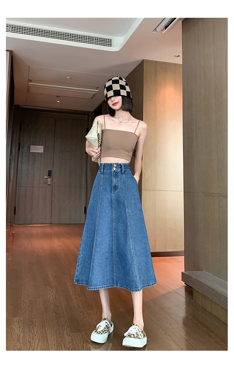 カジュアルスタイル ハイウエストデニムフレアロングスカート