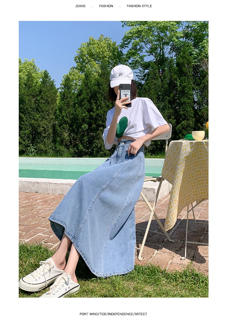 カジュアルスタイル ハイウエストデニムロングフレアスカート