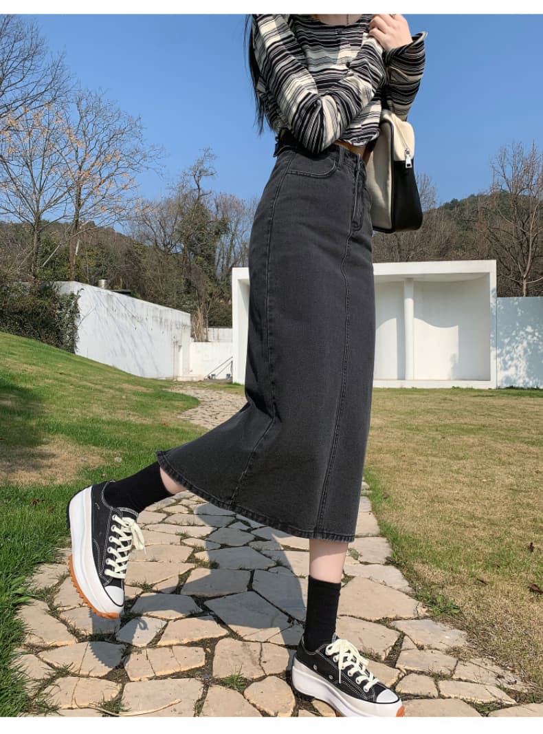 韓国スタイル スリット入りデニムロングスカート