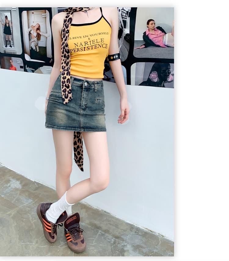 韓国スタイル ヴィンテージ風Aラインデニムミニスカート