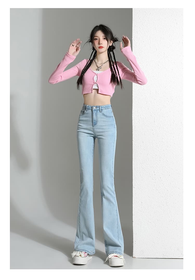 韓国スタイル ハイウエストスキニーフレアデニムパンツ