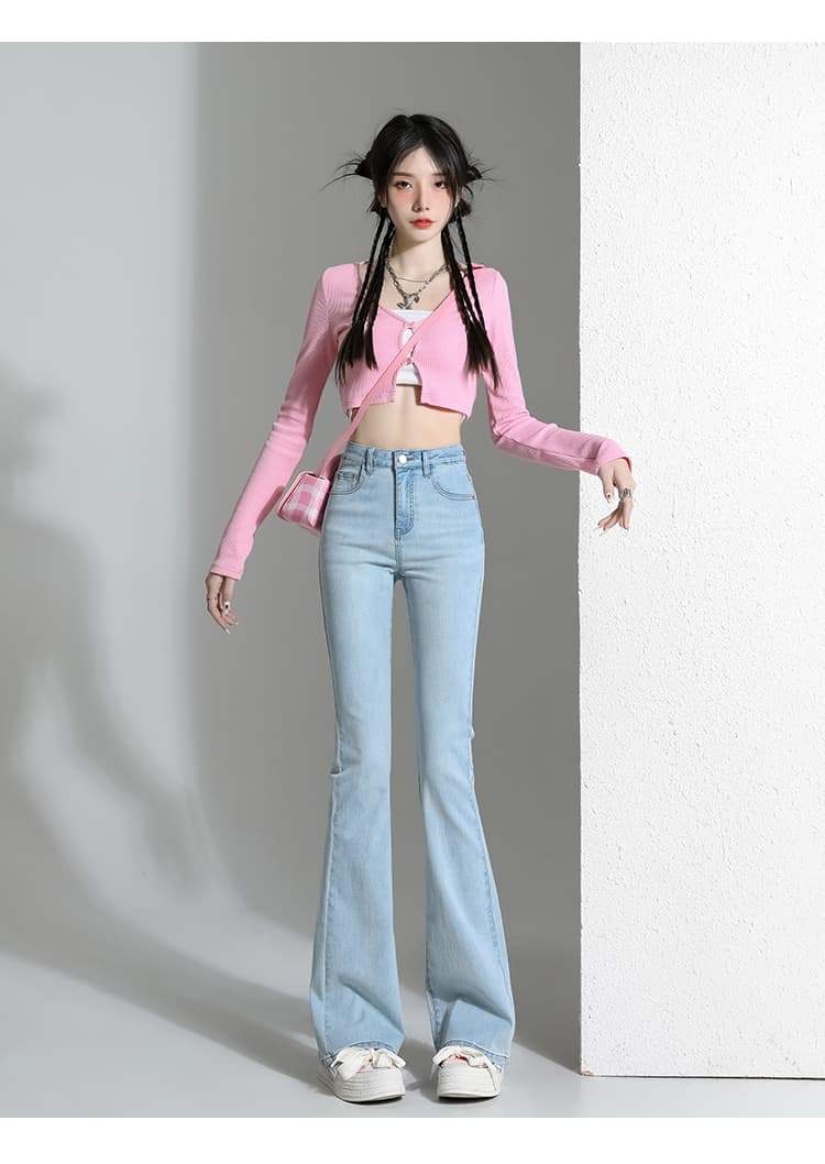 韓国スタイル ハイウエストスキニーフレアデニムパンツ