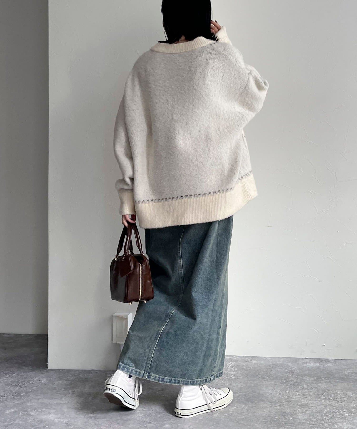 レトロワーク風デニムロングタイトスカート