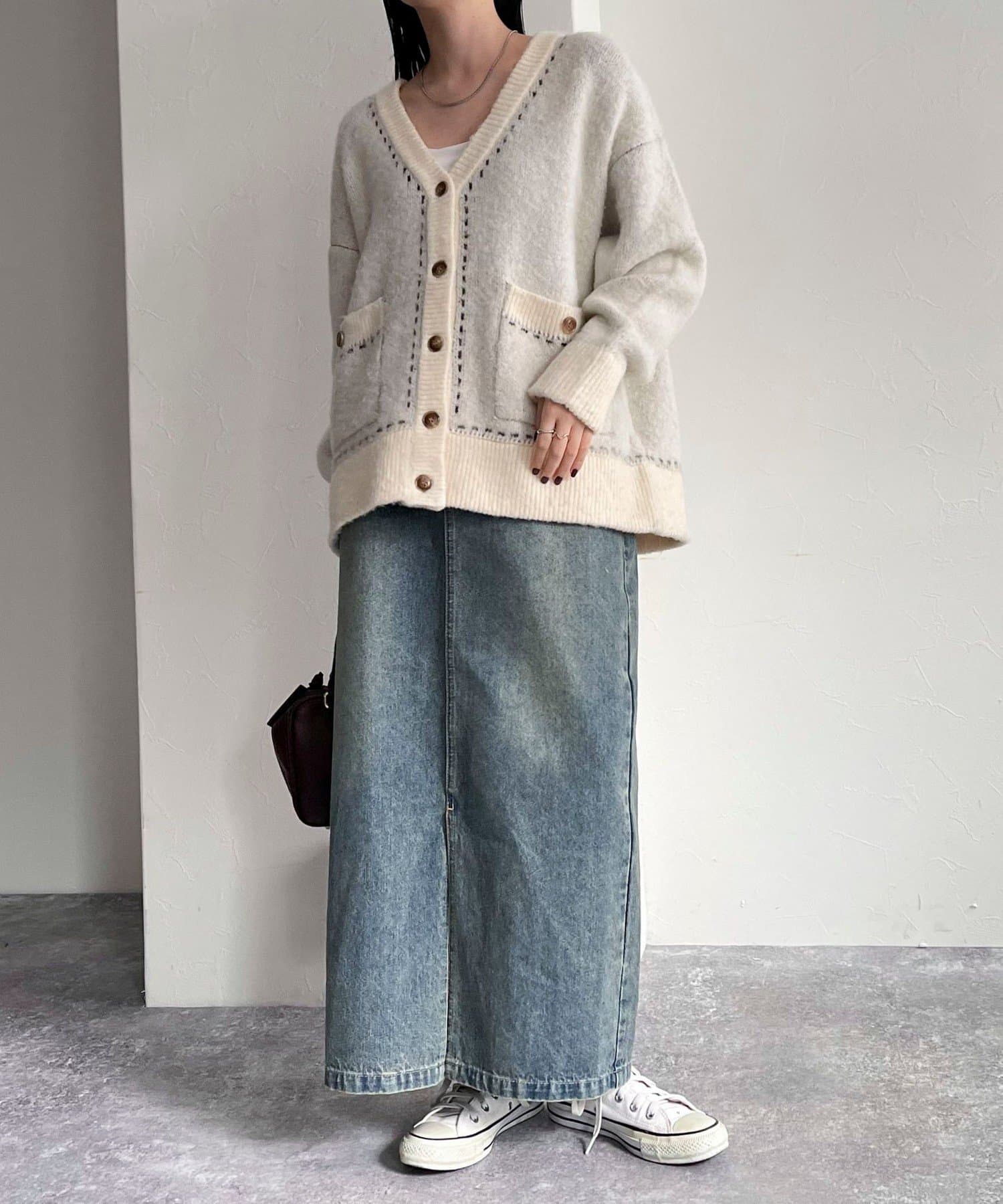 レトロワーク風デニムロングタイトスカート