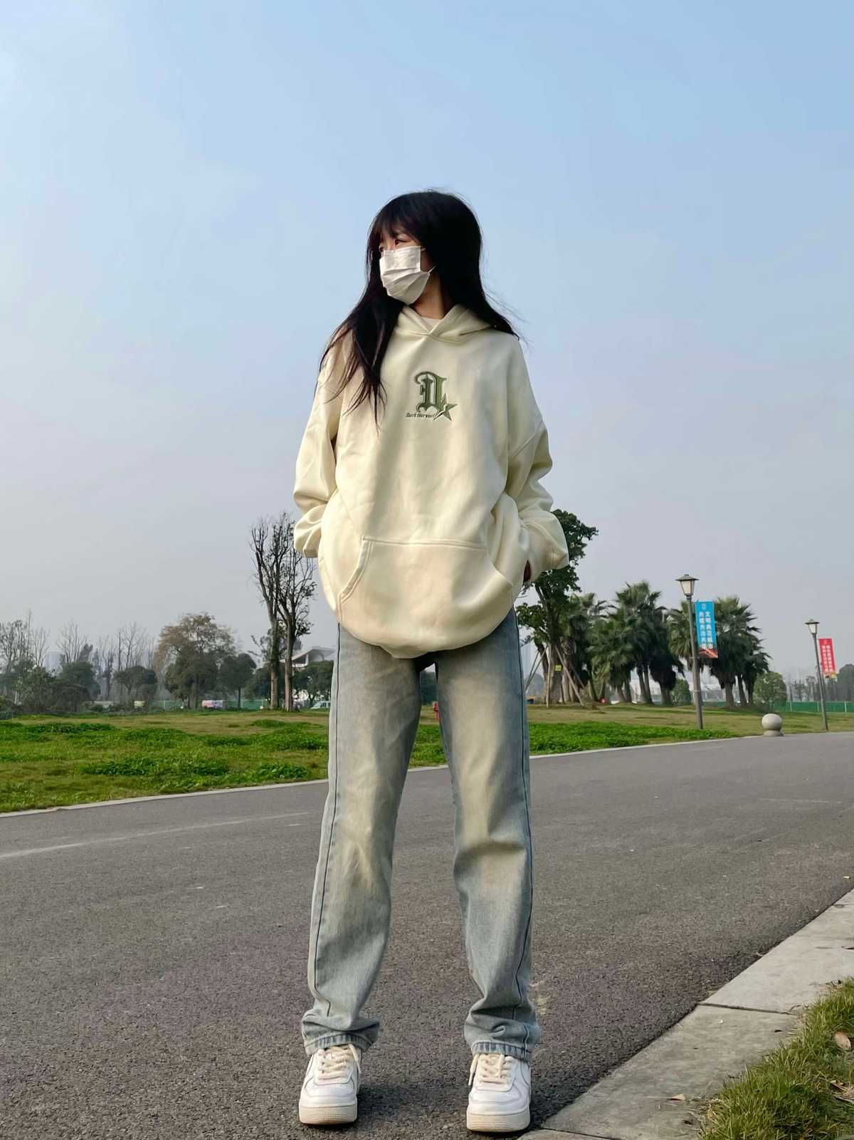 韓国スタイル ゆったりストレートデニム ヴィンテージウォッシュ