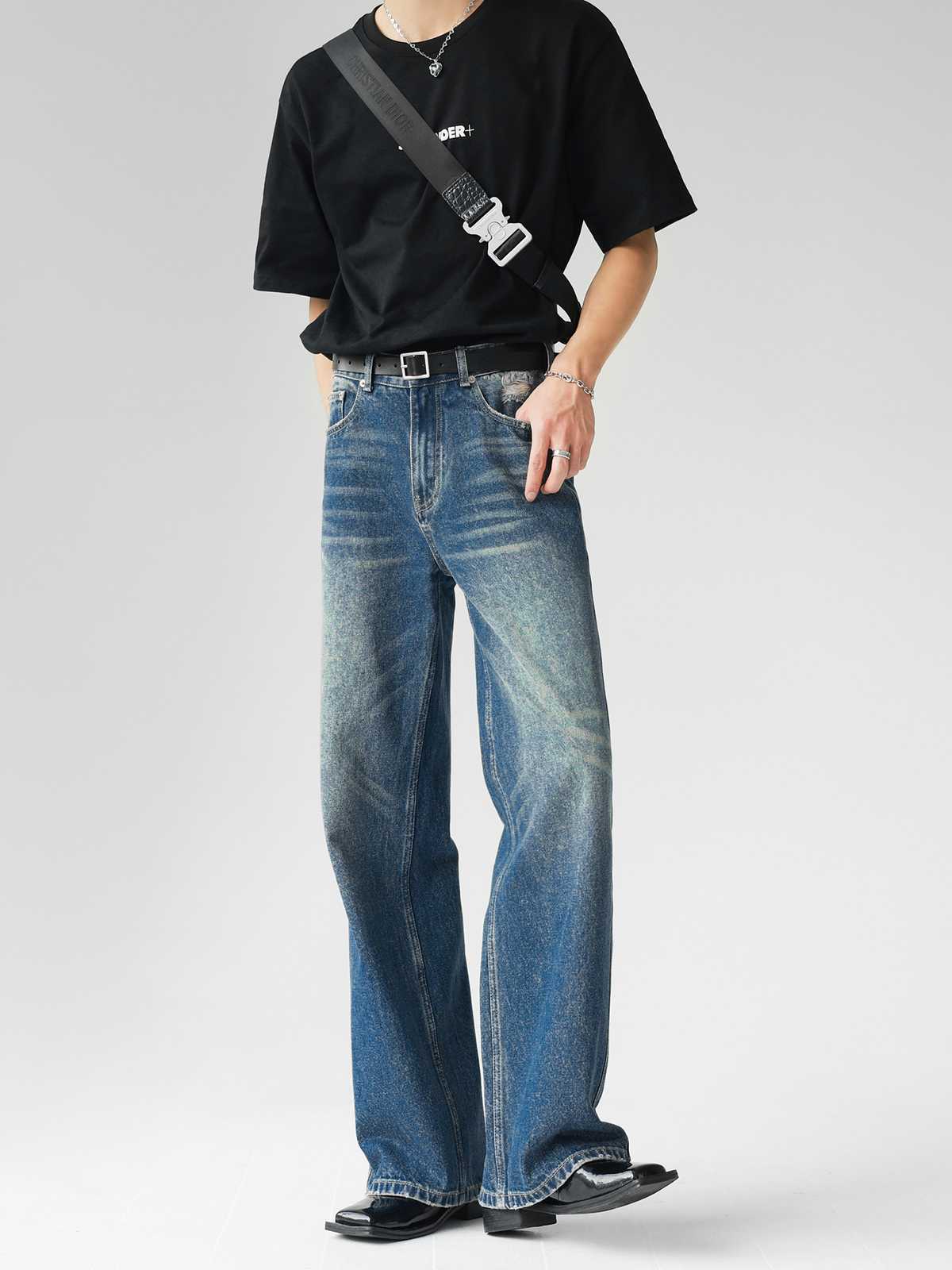 カジュアルスタイル ヴィンテージ風ワイドデニムパンツ