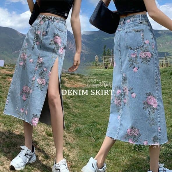 花柄デニムスカート ロング丈 スリット入り 大人可愛い