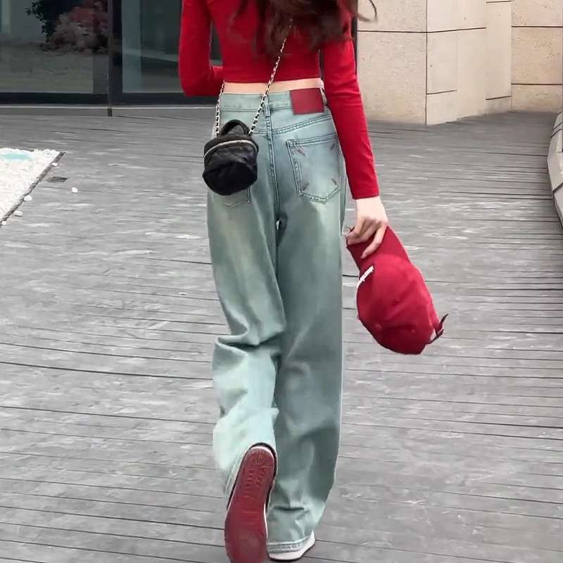 韓国スタイル ハイウエストルーズフィットワイドデニム