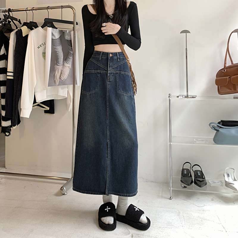 ヴィンテージスタイル ロングデニムスリットスカート