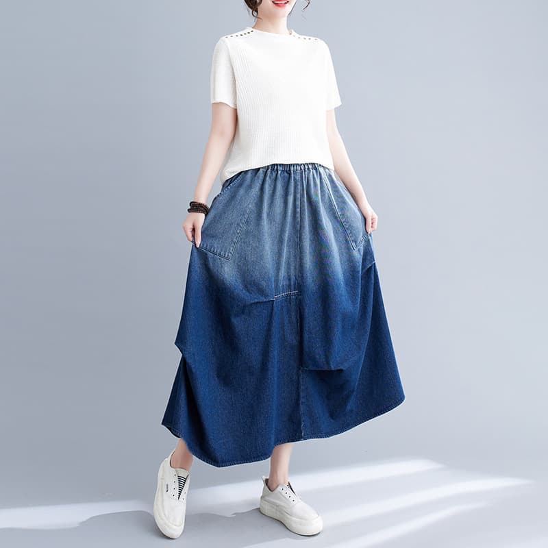 デニムスカート 非対称デザイン ゆったりデニムロングスカート