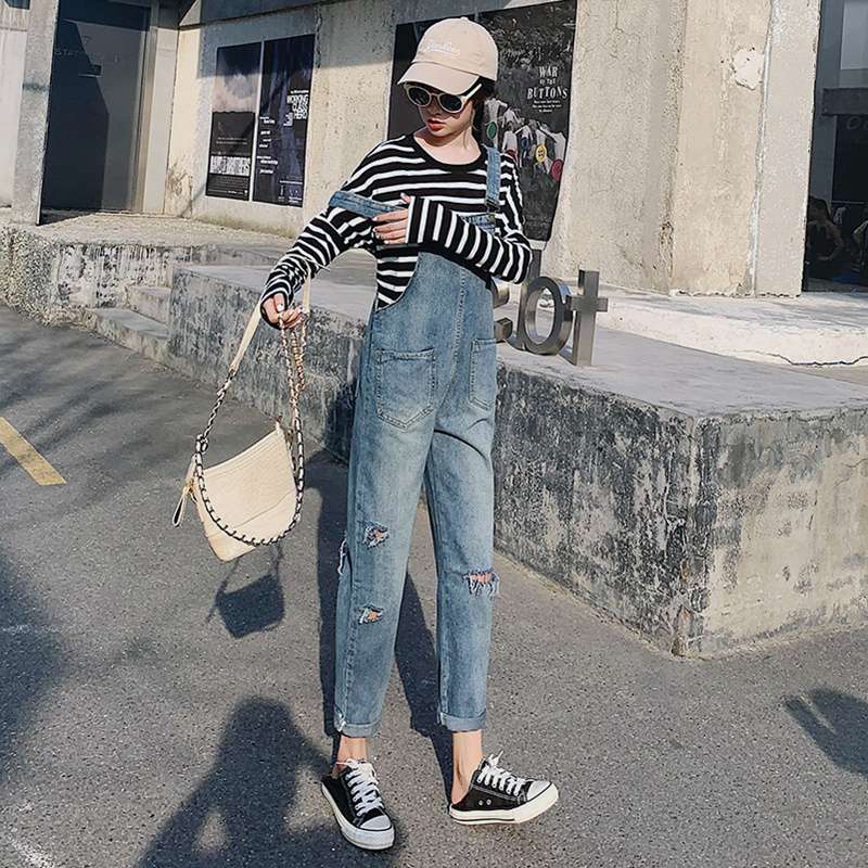 韓国スタイル ヴィンテージ風ダメージ加工デニムオーバーオール