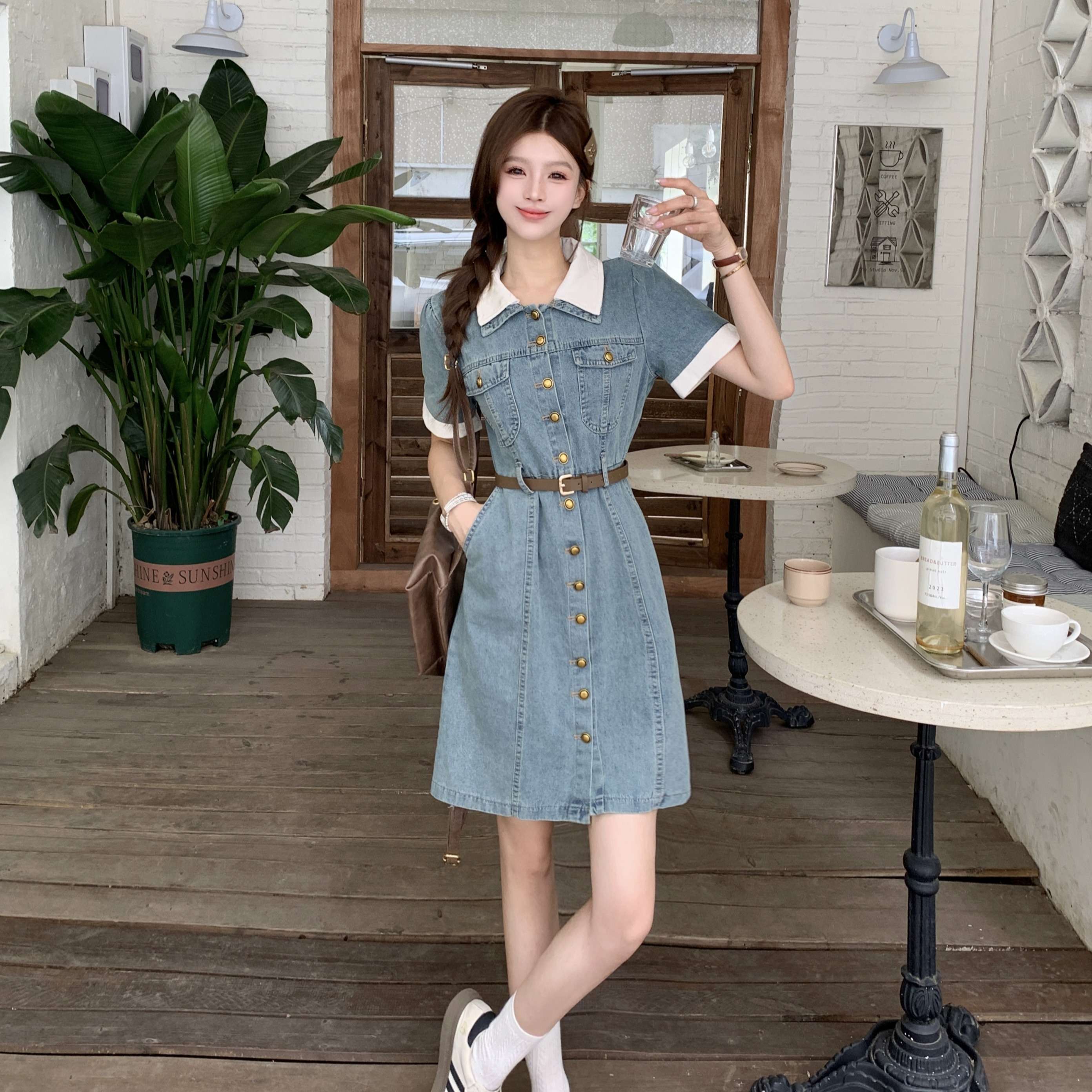 韓国レトロシックスタイル 上品 デニムシャツワンピース
