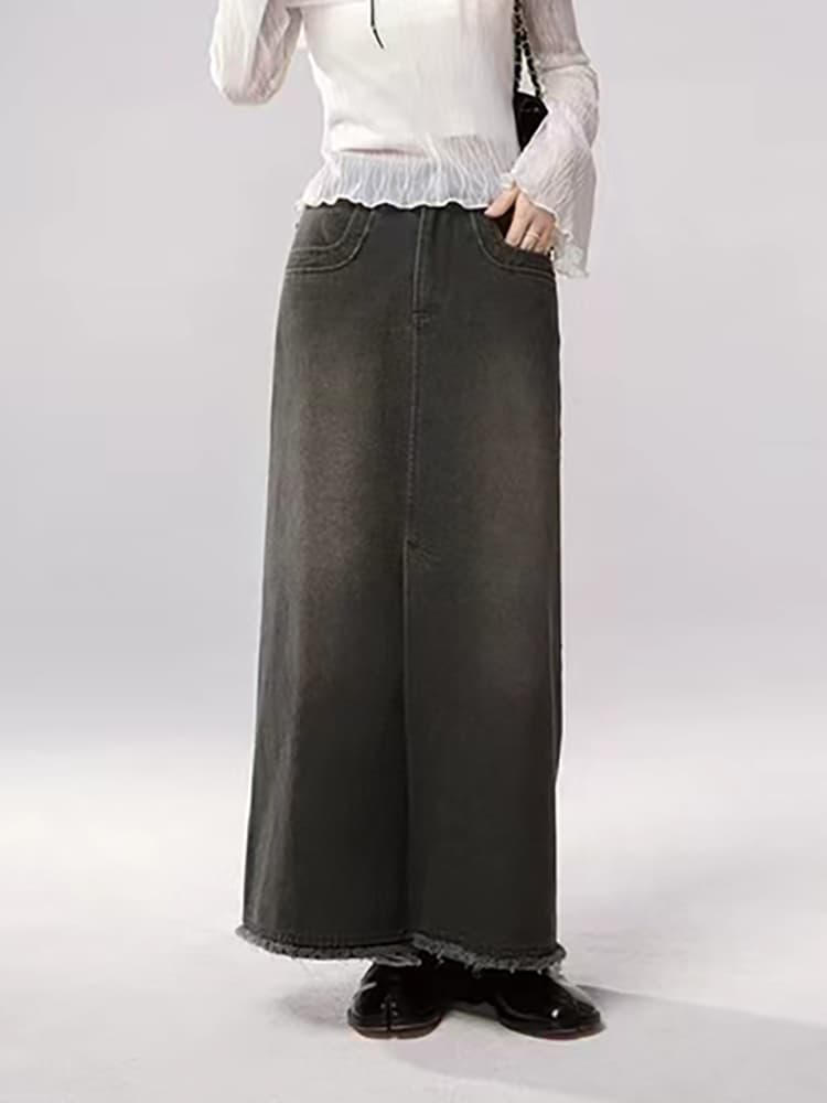 裾切りっぱなしデニムマキシロングスカート