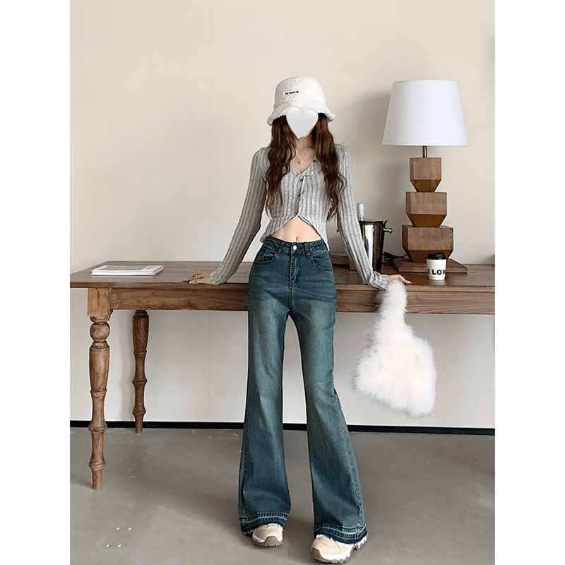 韓国スタイル レトロフレアデニム ハイウエストジーンズパンツ