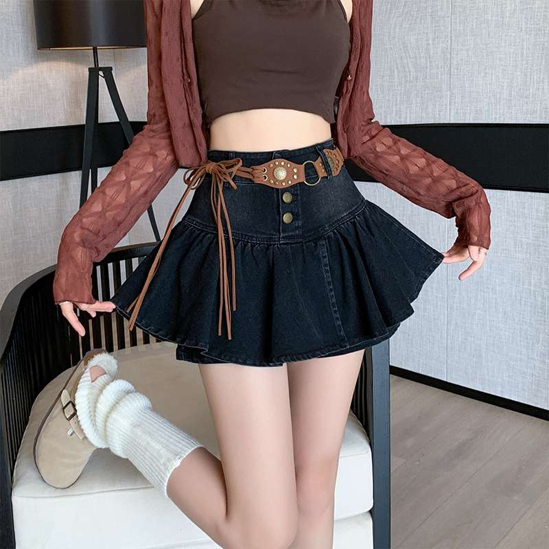 カジュアルスタイル フリルデニムミニスカート