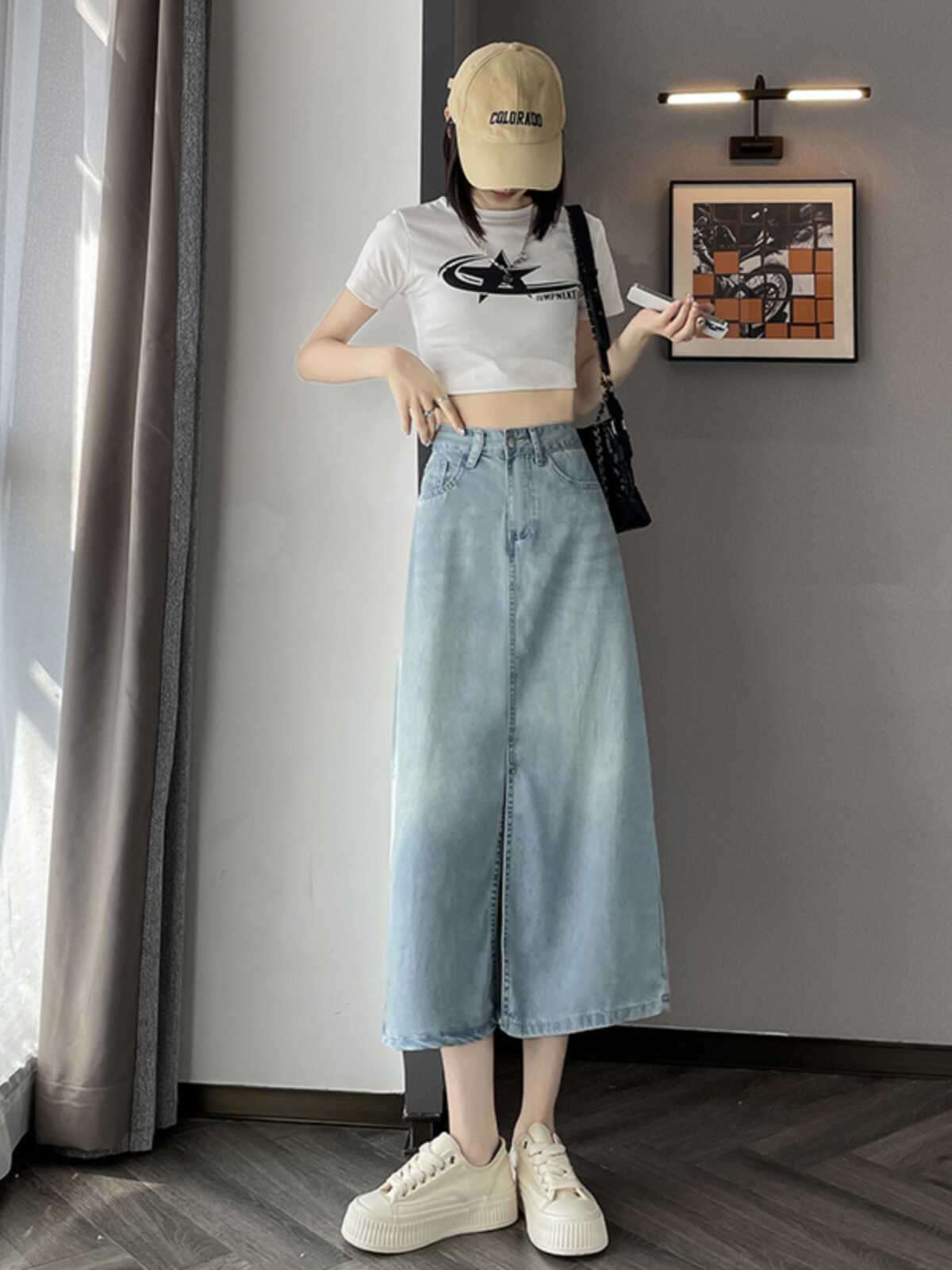 韓国スタイル デニムAラインロングタイトスカート
