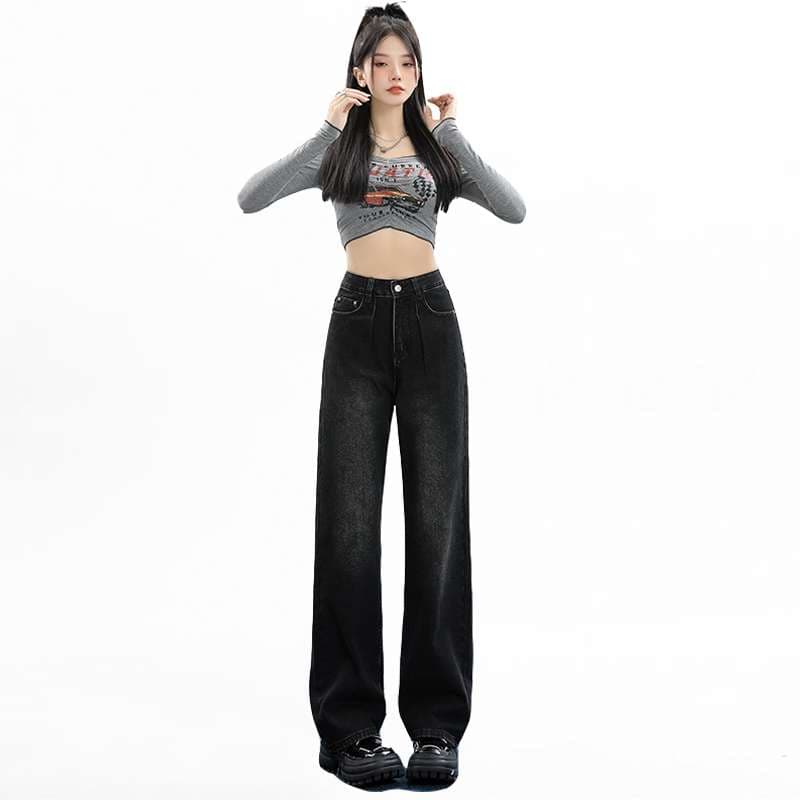 韓国スタイル ハイウエストワイドレッグデニムパンツ