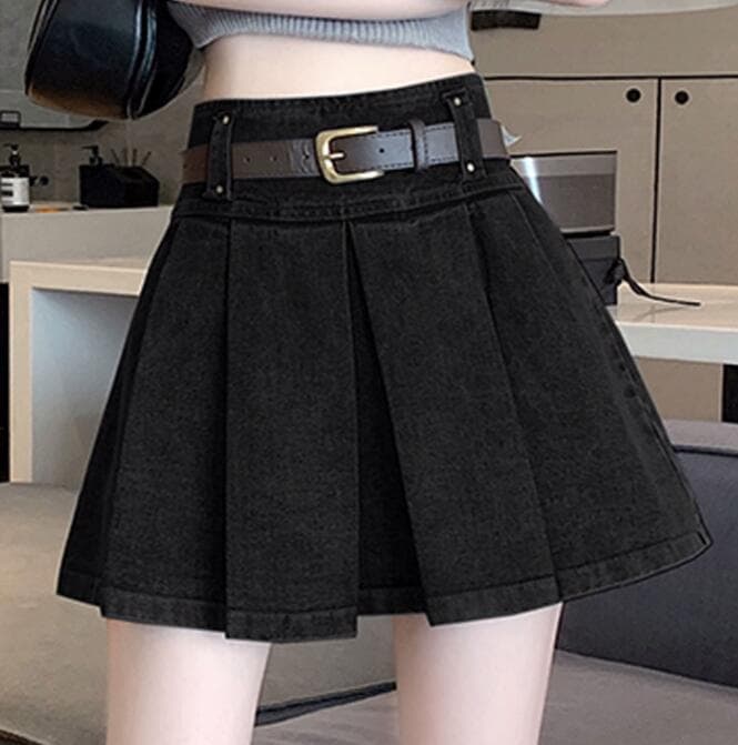 デニムスカート ハイウェストプリーツミニスカート