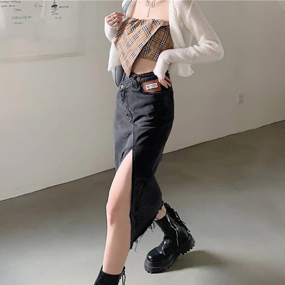 デニムスカート ウエストレイヤード風美脚ミモレ丈　スリットスカート