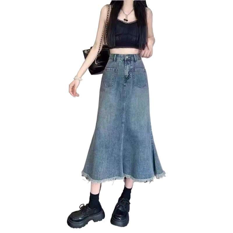 韓国スタイル ヴィンテージ風マキシデニムスカートマーメイド