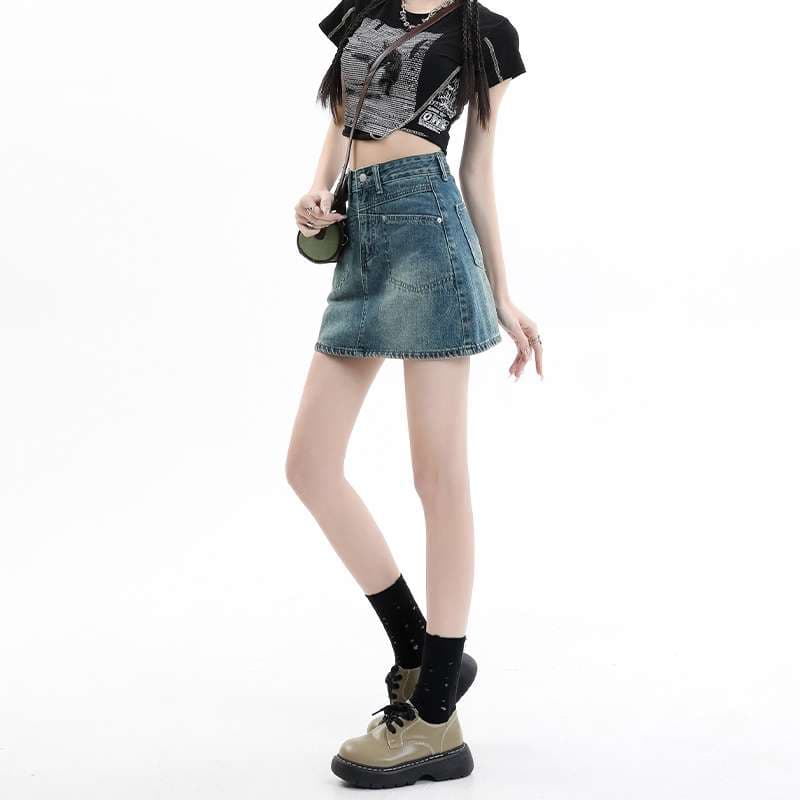韓国スタイル ヴィンテージウォッシュ ミニデニムスカート