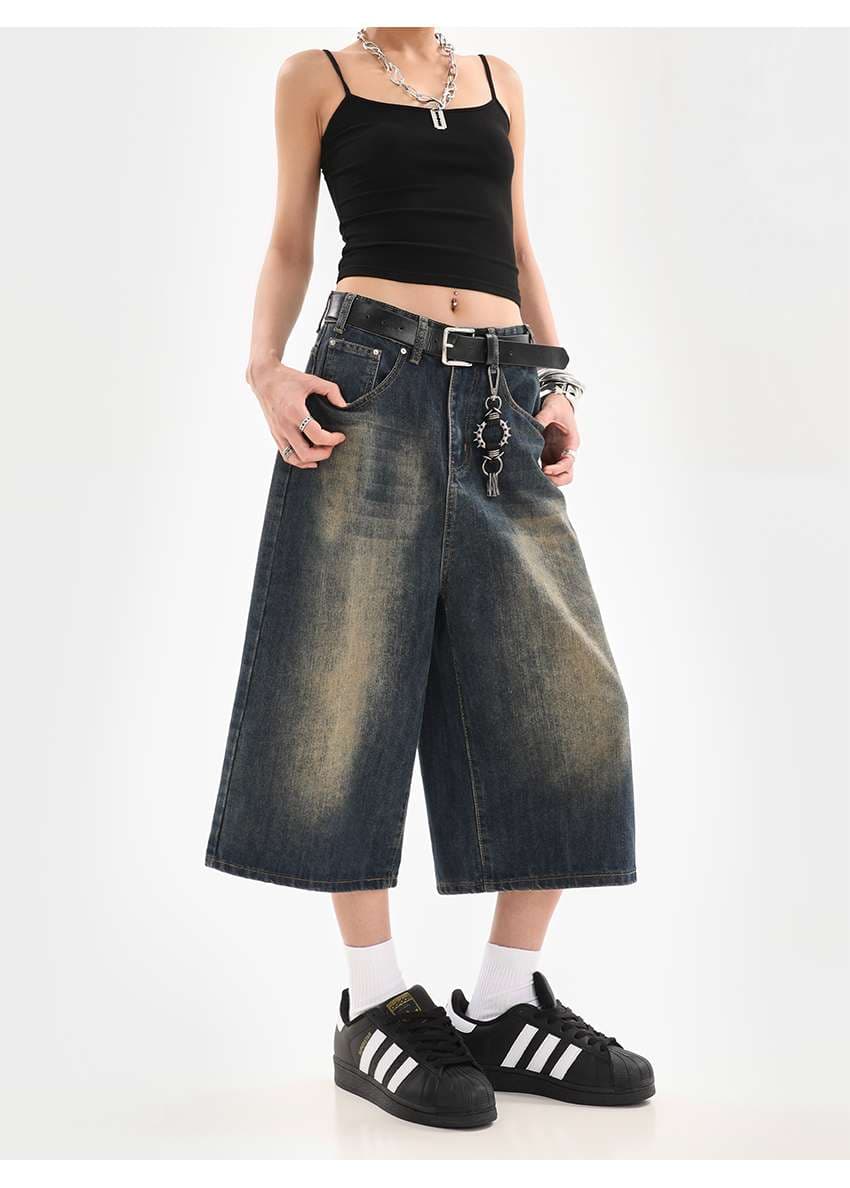 アメリカンスタイル ワイドデニムキュロットパンツ