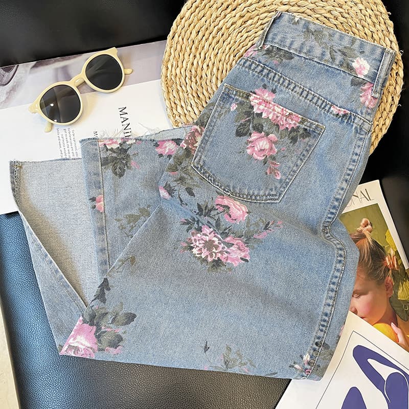 花柄デニムスカート ロング丈 スリット入り 大人可愛い