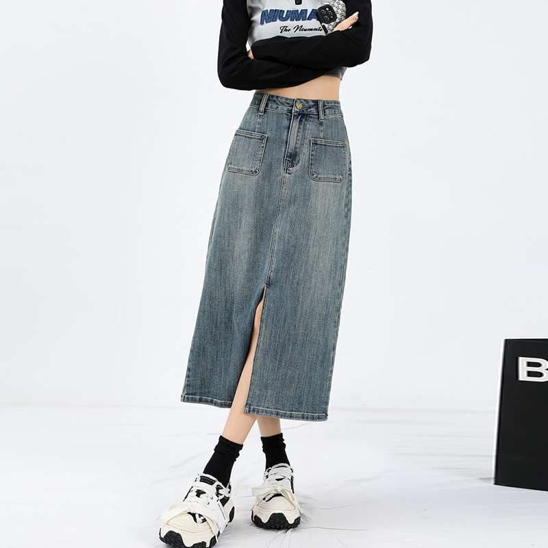 カジュアルスタイル　ヴィンテージ風デニムロングタイトスカート