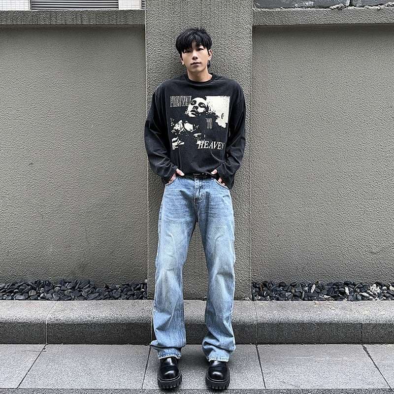 ストリートスタイル ヴィンテージ風ワイドストレートデニム