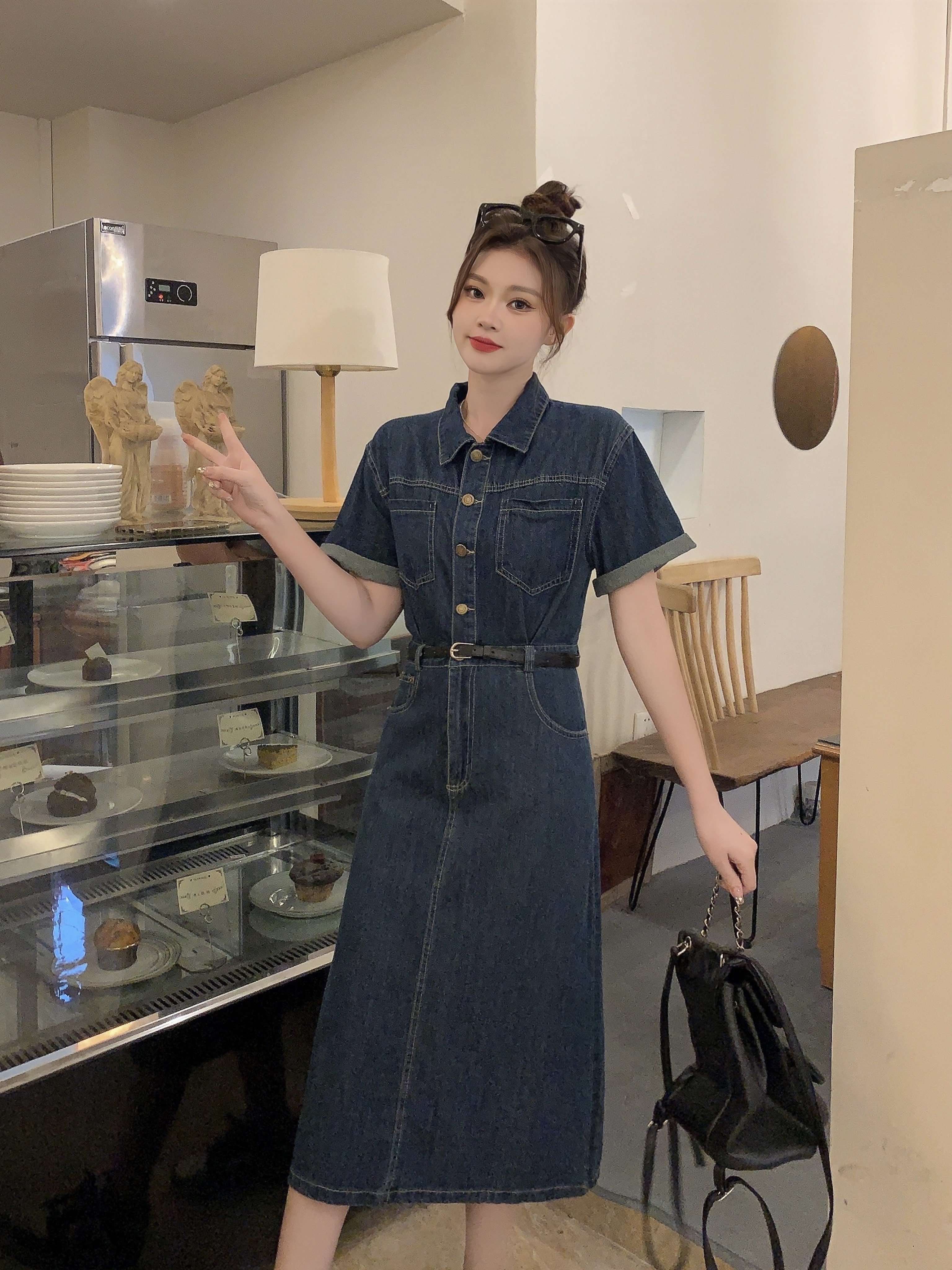 韓国スタイル クラシックデニムシャツワンピース