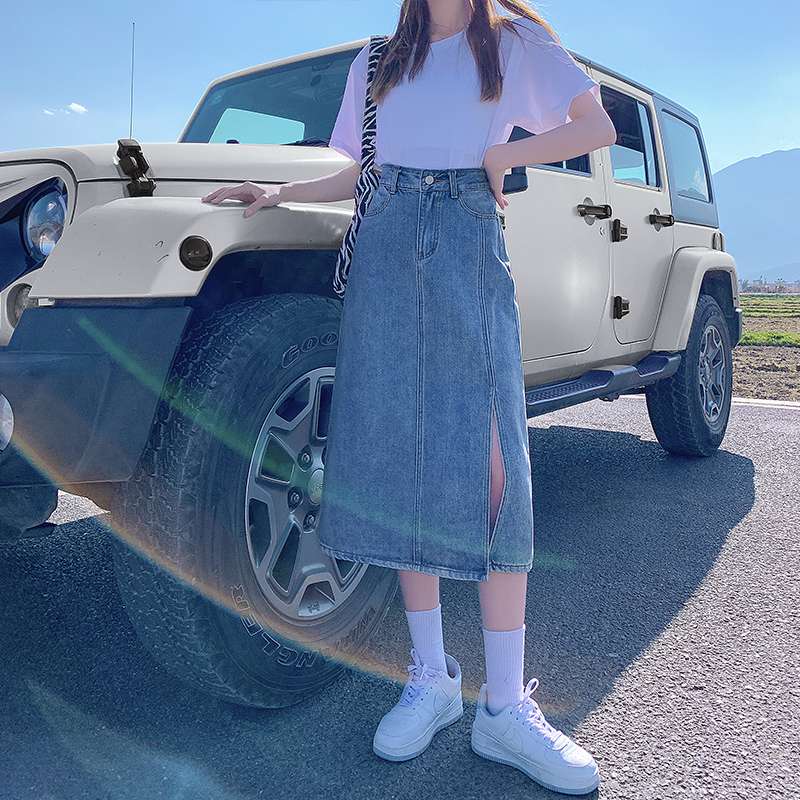 韓国スタイル デニムミディスリットスカート
