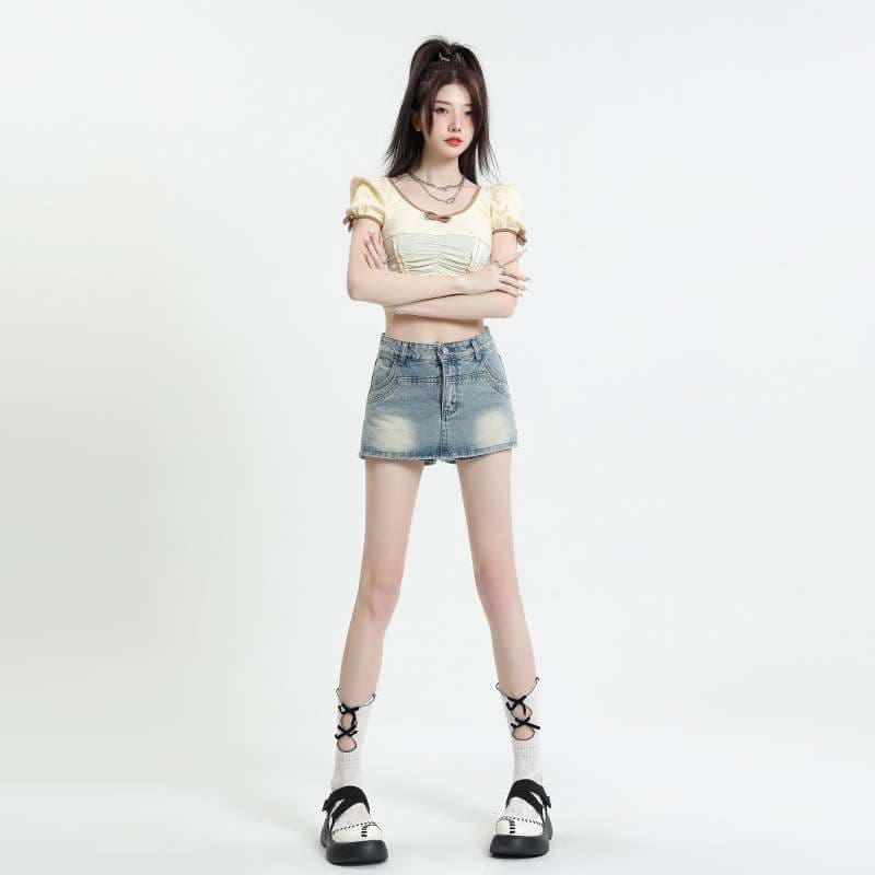 韓国スタイル ヴィンテージウォッシュ ミニデニムショートパンツ