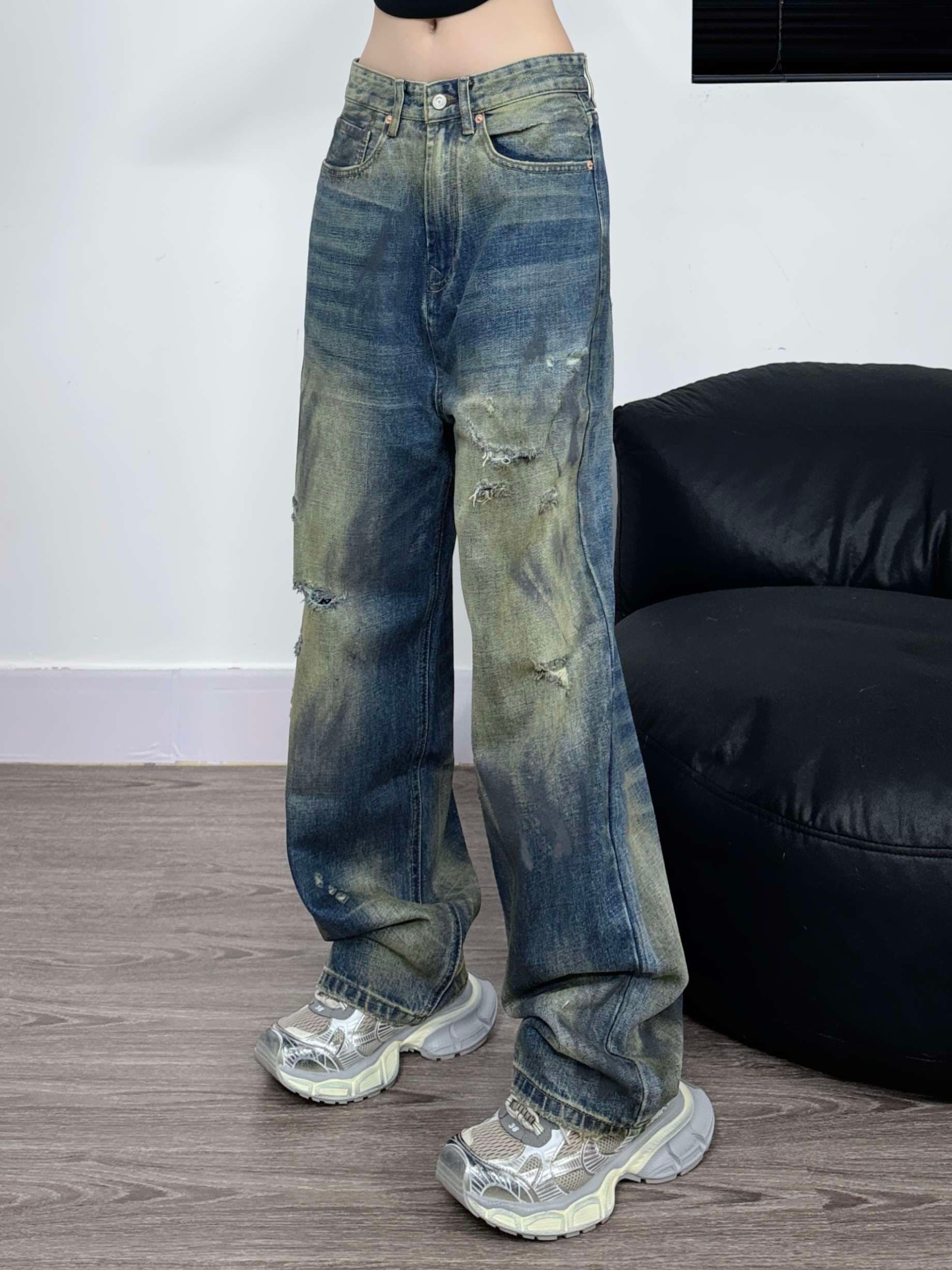 韓国ストリートスタイル ヴィンテージ風ダメージ加工ワイドデニムパンツ