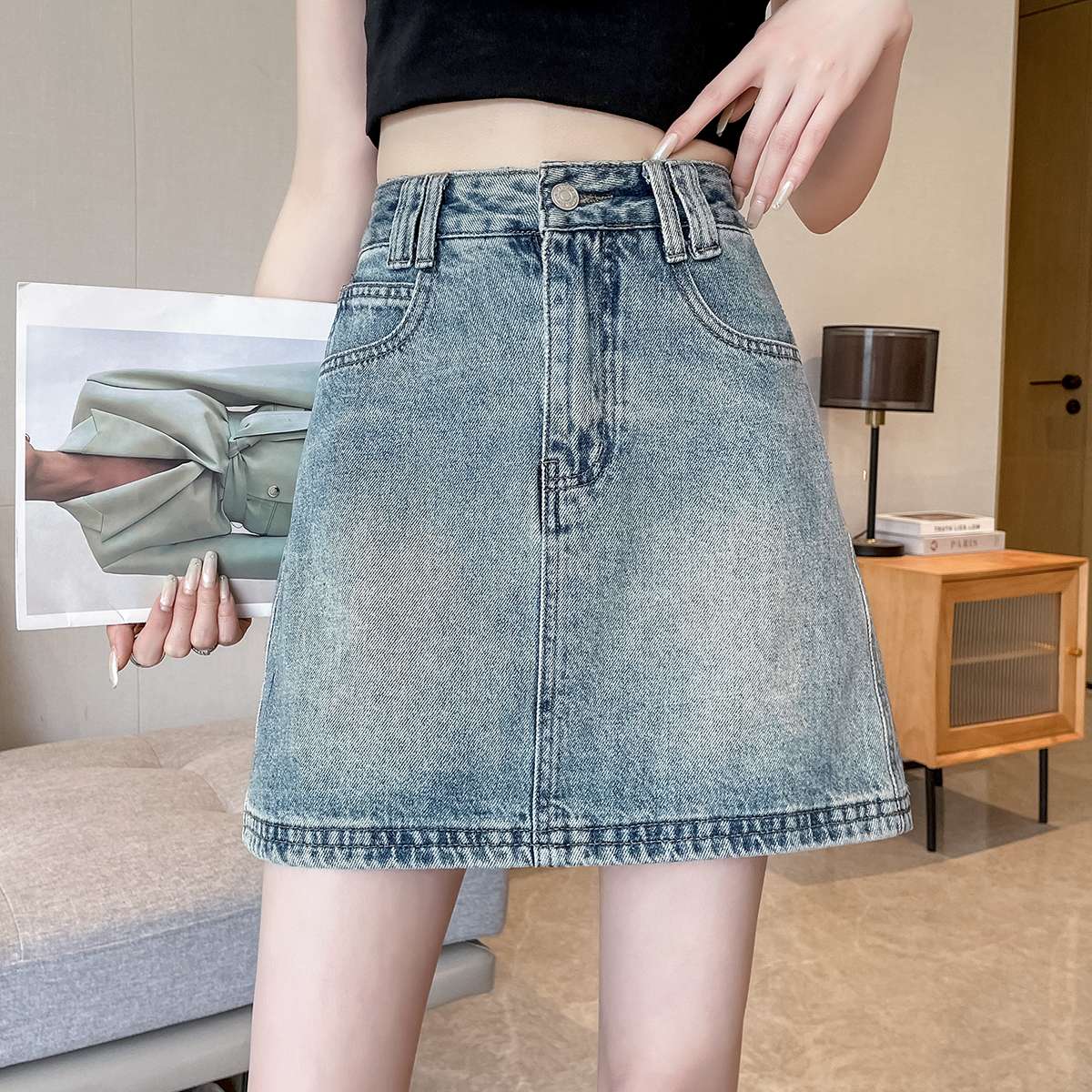 韓国スタイル 2WAYデニムミニスカート風ショートパンツ