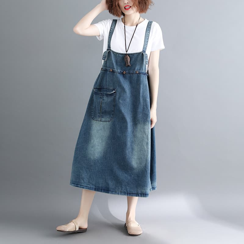 デニムスカート ゆったり楽ちん ミディ丈サロペットスカート