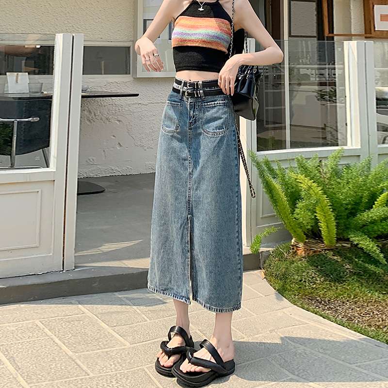 ヴィンテージスタイル ロングデニムスリットスカート