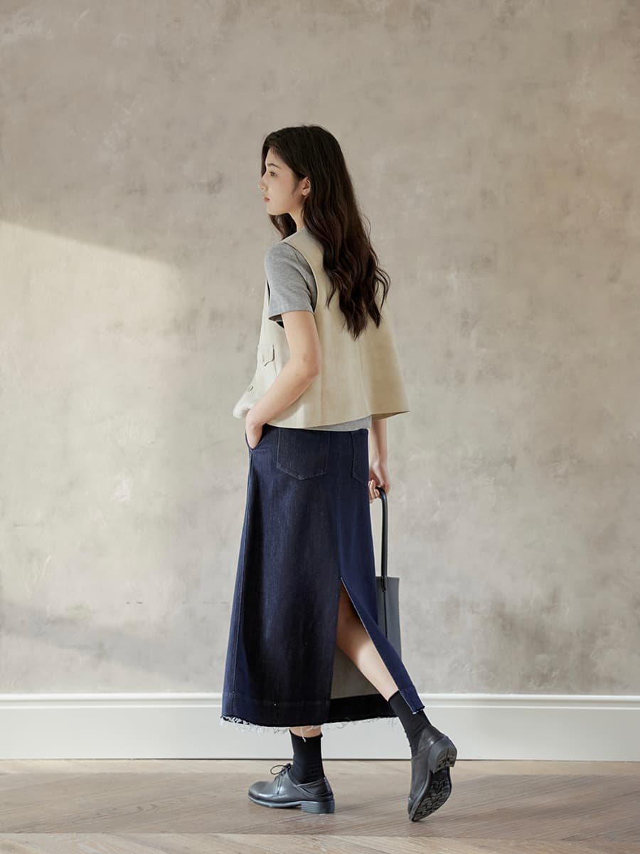 裾ほつれ加工マキシ丈デニムスカート