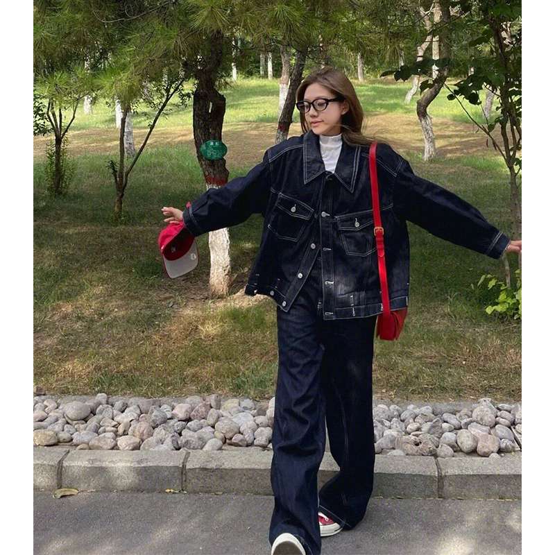 韓国スタイル オーバーサイズデニムジャケット&ワイドパンツセット