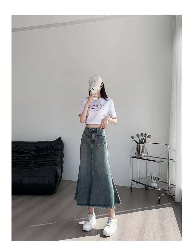 カジュアルスタイル フリンジ裾デニムマキシスカートマーメイド