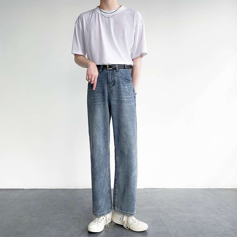 カジュアルスタイル ワイドストレートデニムパンツ
